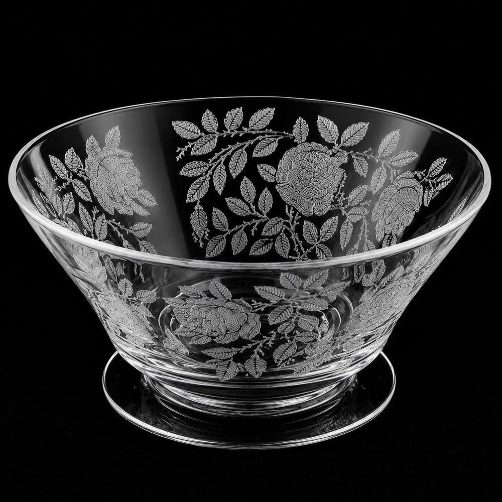 Tiffin Franciscan Roses Etched Glass Berry Dessert bowls Set of 6 Etched Footed